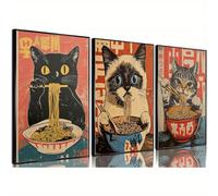 TEMU Set de tres pósters planos 2D con un gato negro japonés, un mural de , que del período Edo y decoración para una cocina o dormitorio con un tema de gato hambriento - Sin marcos