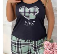 TEMU Shorts con Tirantes de Talla Grande a Cuadros Verdes con Corazones