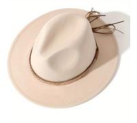 TEMU Sombrero Unisex de Fieltro Beige para Todas con y Banda Decorativa - 100% Poliéster, Ideal para Exteriores, Western, Fiestas de Baile y Ocasiones Casuales o Formales
