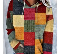 TEMU Sudadera con capucha casual para mujeres con diseño de patchwork geométrico, tejido de poliéster, larga para otoño/invierno