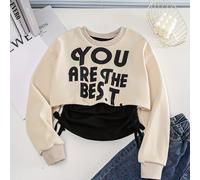 TEMU Sudadera de dos piezas falsa de chicas casual " " - Color Block, larga, cuello de tripulación para /otoño, beige con , moda, ropa