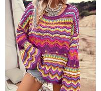 TEMU Suéter Boho-Chic a Rayas Coloridas con Hombros Descubiertos - Casual y Versátil, Larga, Top de Punto de Poliéster con Detalles de Crochet Intrincados, para Otoño/Invierno