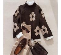 TEMU Suéter casual de mujer, , elegante y con estilo, que un jacquard floral, largas, un jersey de cuello y un diseño color block para las temporadas de otoño e invierno.