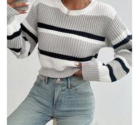 TEMU Suéter Casual para Mujer - Rayas en y /, Cuello con Largas y Caída Relajada, Pullover Corto de Otoño e Invierno, Ropa Cómoda y Duradera, Ajuste Holgado