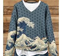 TEMU Suéter con estampado y cuello en V, con un moderno de ondas. elegante tejido de punto de larga es para un estilo casual.