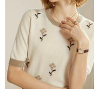 TEMU Suéter de Manga Corta Bordado Floral para Mujer - Cuello , Verano Otoño, Lavable a Máquina, Estiramiento Medio, Elegante y Casual, Tejido Delgado con