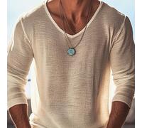 TEMU Suéter de punto para hombre, color beige , cuello en V y larga, con un diseño minimalista ideal para ambientes casuales, y un tejido que transmite un de estilo.