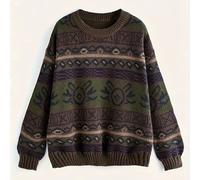 TEMU Suéter Retro de Bloques Geométricos para Mujer - Cuello , Larga y Ajuste Holgado con Dobladillo Tipo Paraguas, Terrosos para Otoño/Invierno, Casual