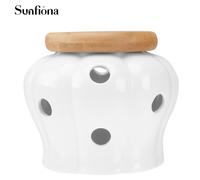 TEMU Sunfiona de Ajo de Cerámica con de Bambú, Recipiente Ventilado para Almacenamiento en Encimera, Tarro de Porcelana con Ventilación para Jengibre y Cebolla, Fácil de Limpiar, Bote de Cocina