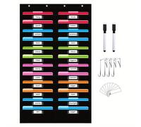 TEMU Tablero de bolsillos grande para archivador colgante de tela Oxford | 2 marcadores de borrado , 24 tarjetas de etiquetas en y 4 ganchos para la organización del aula y , negro