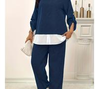 TEMU Talla Grande - Conjunto de Dos Piezas para Mujer de Talla Grande con un Elegante Estilo Casual que una Camisa de Larga con Cuello de Color Sólido y Pantalones Holgados de Pierna Ancha.