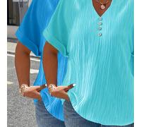 TEMU Talla grande - Conjunto de dos piezas para mujer de talla grande para y verano, con estilo y , incluyendo una camiseta de manga corta de color sólido con botones para uso diario.