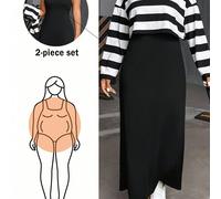 TEMU Talla Grande - Elegante Conjunto de Dos Piezas para Mujer de Talla Grande, Top Casual de Rayas Holgado y Vestido de Color Sólido - J1164