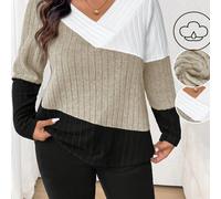 TEMU Talla Grande - Esta elegante camiseta de larga con cuello en V y bloques de color para mujer grande es para un look de oficina chic las temporadas de y otoño.