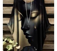 TEMU Talla Grande - Talla Grande - Camiseta de Moda con Cuello y Estampado de Cara de Lágrimas de Sueño, Diseño Casual Elegante y de de , Ropa de Mujer de Manga Corta y Cuello , No Adiciones