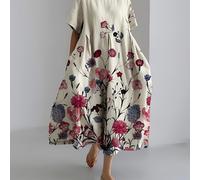 TEMU Talla Grande - Talla Grande - Vestido Maxi Holgado de Manga Corta para Mujer a con Bolsillos, con un Diseño Floral Vintage y un Elegante Cuello en O para Vestir de