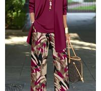 TEMU Talla Grande - Un conjunto de que un elegante y sencillo capa exterior de color sólido para mujer de talla grande, combinado con una blusa y pantalones adornados con patrones de hojas de plantas.