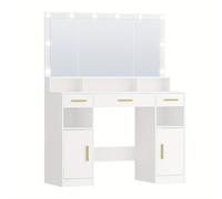 TEMU Tallera de Maquillaje con Espejo Grande, Tocador con LED, de Luz, Escritorio de Maquillaje, 3 Cajones, 2 Gabinetes de Almacenamiento, 5 Compartimentos Abiertos, 40 × 108 × 140 Cm, Para Dormitorio