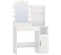 TEMU Tallera, Tocador con Espejo Ovalado, Tocador con Luces LED, Ajustable, Escritorio de Tocador con Cajón, Gabinete y Compartimentos Abiertos, Tocador Moderno para Dormitorio