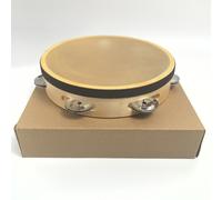 TEMU Tambor de de cuero de vaca de 8 pulgadas - Base de madera natural, diseño y negro con 6 campanas de metal, cubierta beige , superficie , artesanía de calidad