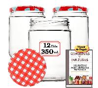 TEMU Tarros de Cristal de 350 ml con Tapas de Metal + EBook de 102 Recetas para Conservas - Frascos con de para Alimentos Caseros - Bote - Etiquetas (Tapas a Cuadros)