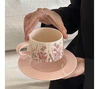TEMU Taza de café y platillo de cerámica pintados a mano de estilo francés vintage, aislados, redondos, para uso familiar, taza de té, solo lavado a mano - Diseño floral rosa