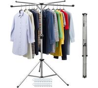 TEMU Tendedero Vertical Plegable con 4 Brazos Giratorios y Altura Ajustable, Perchero Multiusos de Acero Inoxidable con Base Estable y 20 Clips para Perchas, Ideal para Interior y Exterior