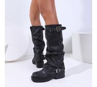 TEMU ¡Tendencia de Moda! Botas Altas de Caña Negra con Gruesa y Tacón Chunky, Cómodas y Elegantes con Hebilla, Zapatos de Mujer