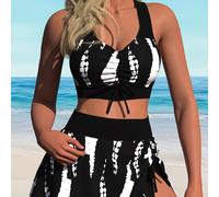 TEMU Tendencias 25SS: Conjunto de Traje de Baño de Dos Piezas a Rayas con Cordón, Falda Triangular Negra y Tankini para Mujer