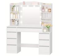 TEMU Tocador con 8 Cajones, Espejo Grande con Iluminación LED RGB, Estante Integrado para Joyas, Encimera de 100 cm de Ancho con Mesa de Noche,