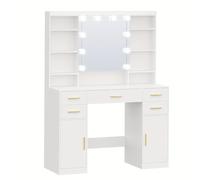 TEMU Tocador con Espejo, Escritorio de Tocador con 10 Luces LED, Ajustable, 5 Cajones, 2 Gabinetes y 9 Estantes Abiertos, Estantes Ocultos, Para Dormitorio, 40 × 108 × 144 Cm,