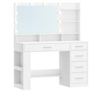 TEMU Tocador con espejo HD grande, tocador con luz LED, tocador con 6 compartimentos abiertos, 5 cajones y almacenamiento lateral abierto, dormitorio, simple,
