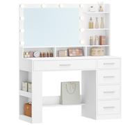 TEMU Tocador con Espejo HD Grande, tocador de Maquillaje con luz LED, 6 Compartimentos Abiertos, 5 cajones y de Almacenamiento Lateral,