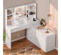 TEMU Tocador con Espejo LED y Toma de Corriente, Mesa de Maquillaje de Esquina con 8 Cajones, Tocador para Regalos de Navidad