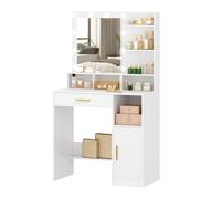 TEMU Tocador con Espejo Luces LED, Tocador Estantes y 4 Compartimentos Abiertos, Tocador con Cajón Grande y Armario, 3 Niveles de Iluminación Ajustables, , Grisáceo