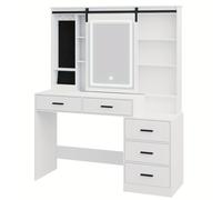 TEMU Tocador con Iluminación LED Ajustable, Espejo Grande Extraíble, Almacenamiento para Joyas, Estantes Abiertos, 5 Cajones, con Mesa Auxiliar, para Dormitorio,