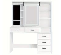 TEMU Tocador con Iluminación LED Ajustable, Espejo Grande Extraíble con Almacenamiento para Joyas, Estantes Abiertos, 5 Cajones, con Mesa Auxiliar, para Dormitorio, Sin Taburete,