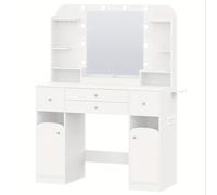 TEMU Tocador con Iluminación LED, con Enchufe y Soporte para Secador de Pelo, de 108 Cm, Tocador con 2 Cajones Grandes con Bandeja para Joyas, 2 Gabinetes, 40 X 108 X 144 Cm,