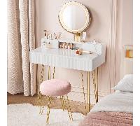 TEMU Tocador con Taburete e Iluminación, Regleta de Enchufes, Espejo Giratorio, Tocador, 40 x 80 x 134,8 cm, Tocador con Cajones, Taburete Tapizado