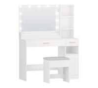 TEMU Tocador con Taburete, Escritorio de Maquillaje con Espejo LED Grande, 11 Luces LED con Ajustable, 2 Cajones, 4 Compartimentos y 1 Gabinete, 40 x 108 x 141 cm,