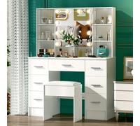 TEMU Tocador de madera blanca contemporáneo con cajones, espejo de tocador y tres configuraciones de iluminación ajustables. tocador espacioso y elegante es ideal para mujeres un regalo para o .