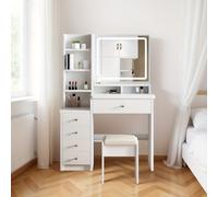 TEMU Tocador de Maquillaje de Tamaño Completo con Espejo y Luces - Escritorio Moderno con 5 Cajones, Taburete y Estantes Abiertos, Iluminación Ajustable, Mesa de Vestir y Autónoma
