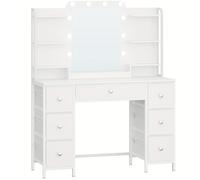 TEMU Tocador de tela y hierro con iluminación LED, tocador con espejo HD grande, 7 cajones y 6 estantes, mesas de maquillaje para dormitorio, moderno