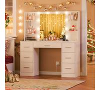 TEMU Tocador Grande con Espejo LED y Toma de Corriente, Mesa de Maquillaje con 7 Cajones, 4 Estantes y 5 Ganchos, Tocador, Juego de Escritorio de Tocador para Dormitorio, Baño