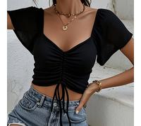 TEMU Top Corto de Hombros Descubiertos para Mujer con de Nudo Delantero y Cruzado - Camisa Casual Elástica , Negra, Lavable a Máquina, Elegante , Elasticidad Media