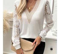 TEMU Top de camiseta con cuello en V, de encaje con insertos y farol de color sólido