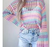 TEMU Top de Playa Bohemio para Mujer con Un - Cubierta de Ganchillo y Diseño en Bloques de Color, Parte Delantera Corta y Trasera Larga, Pastel Multicolor para Ropa Casual junto a en /Verano