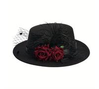 TEMU Top Hat de Tuxedo de Lujo para Adultos con Rosas y Plumas | Transpirable, Unisex, Ideal para , Bailes, Fiestas Temáticas de Estilo - Duradero y Fácil de Mantener