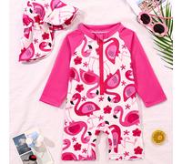 TEMU Traje de baño de larga y gorro de natación para bebés niñas con estampado de flamenco
