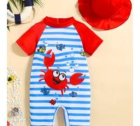 TEMU Traje de baño de manga corta para bebé niño recién nacido, con estampado de y pez a rayas, diseño de cremallera trasera y conjunto de 2 piezas con gorro para niños pequeños